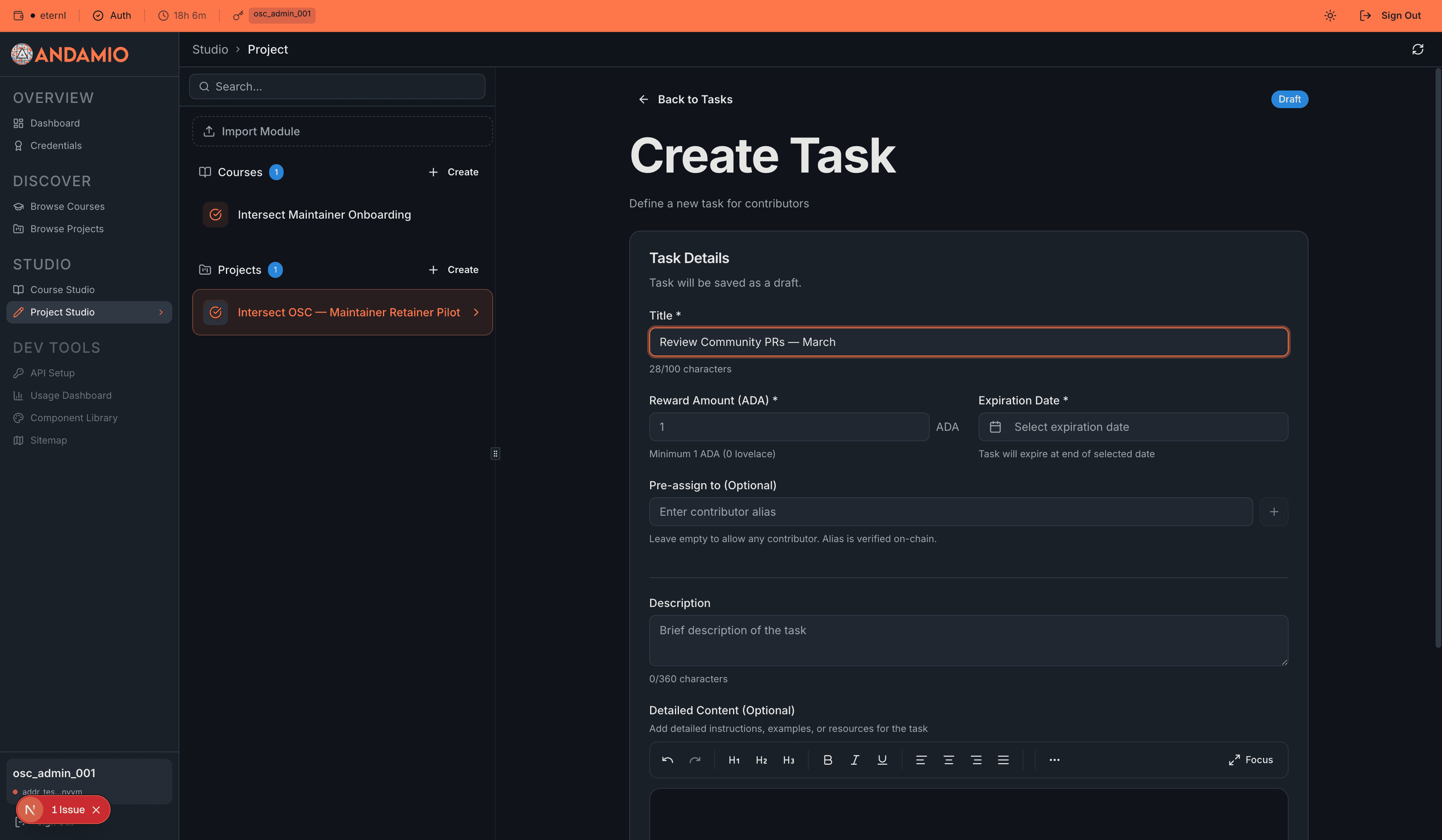 The Create Task form showing all fields: Title, Reward Amount, Expiration Date, Pre-assign to, Description, and the Detailed Content rich text editor.