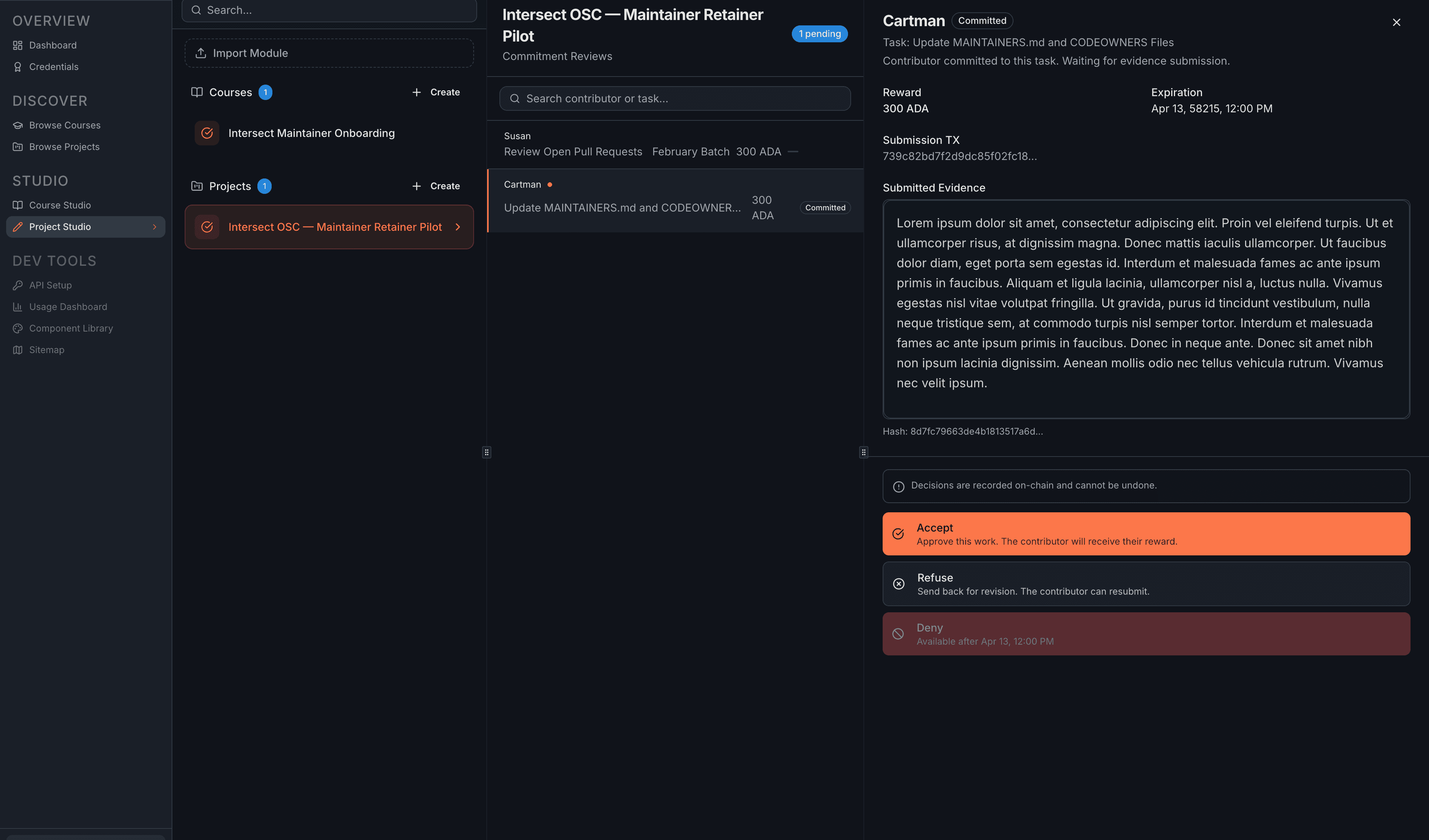The full review page showing task lifecycle states. The left panel lists submissions with status badges, and the right panel shows a selected task in "Pending Review" state with submitted evidence and assessment decision buttons.