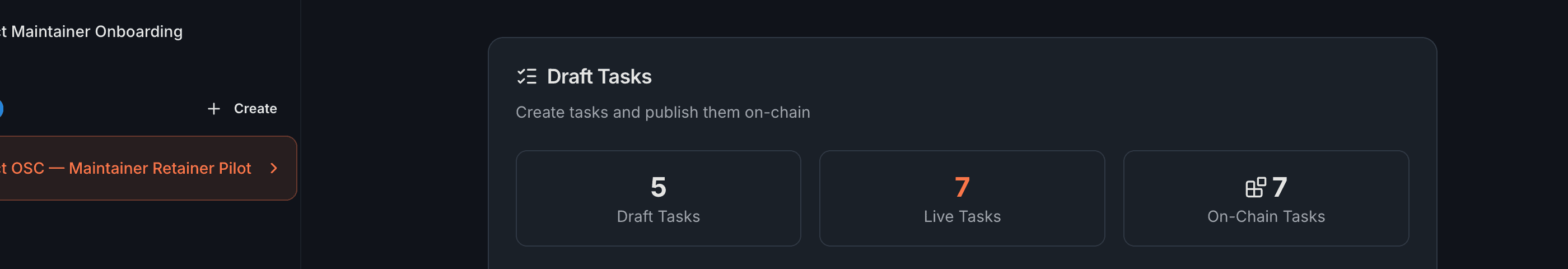 The Tasks tab showing the Draft Tasks header, stats row with three metric cards, and action buttons for Create Task, Manage Tasks, and Manage Treasury.