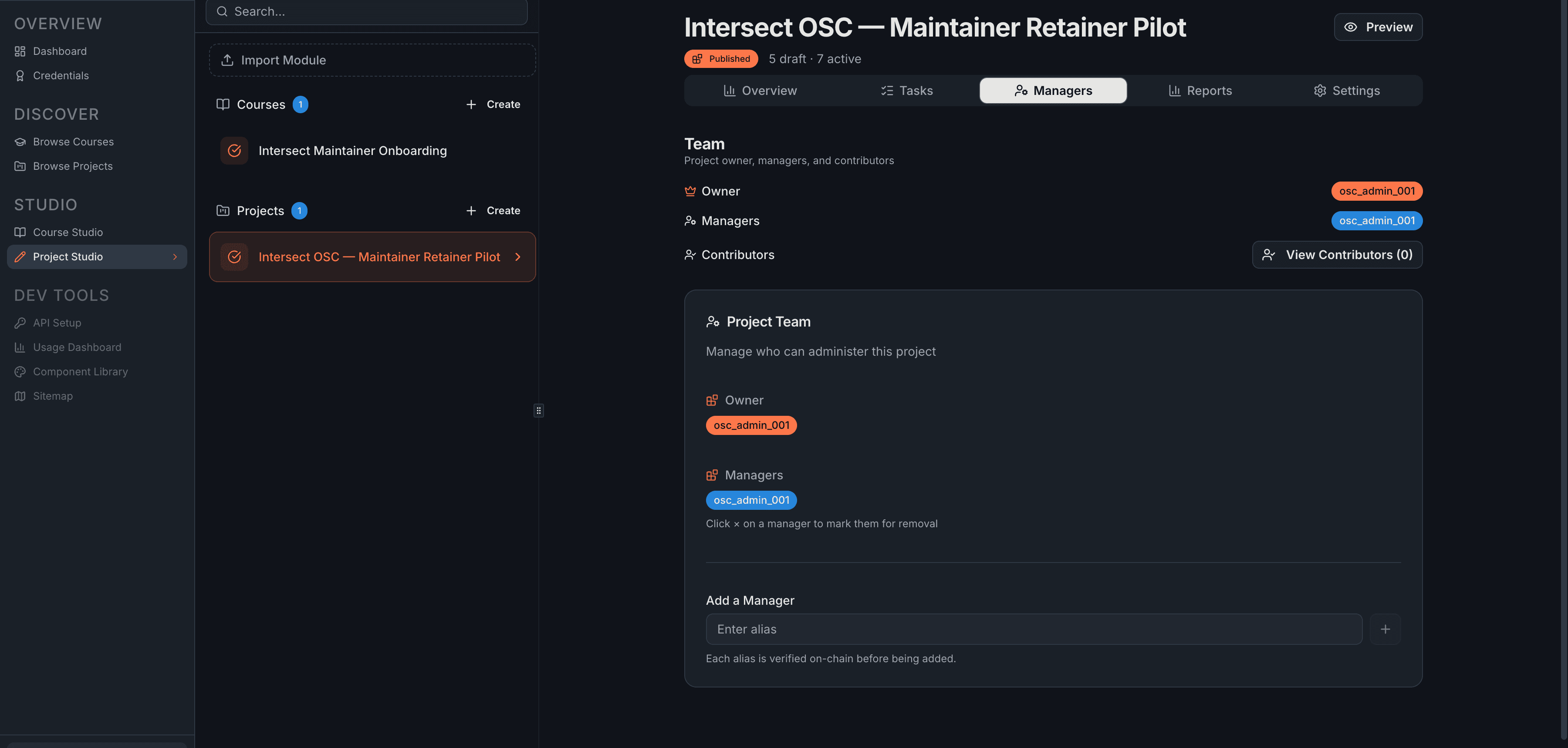 The Managers tab showing the Team section with Owner and Managers aliases, the Project Team management area with Add a Manager input, and the "No Pending Reviews" state at the bottom indicating all submissions have been processed.