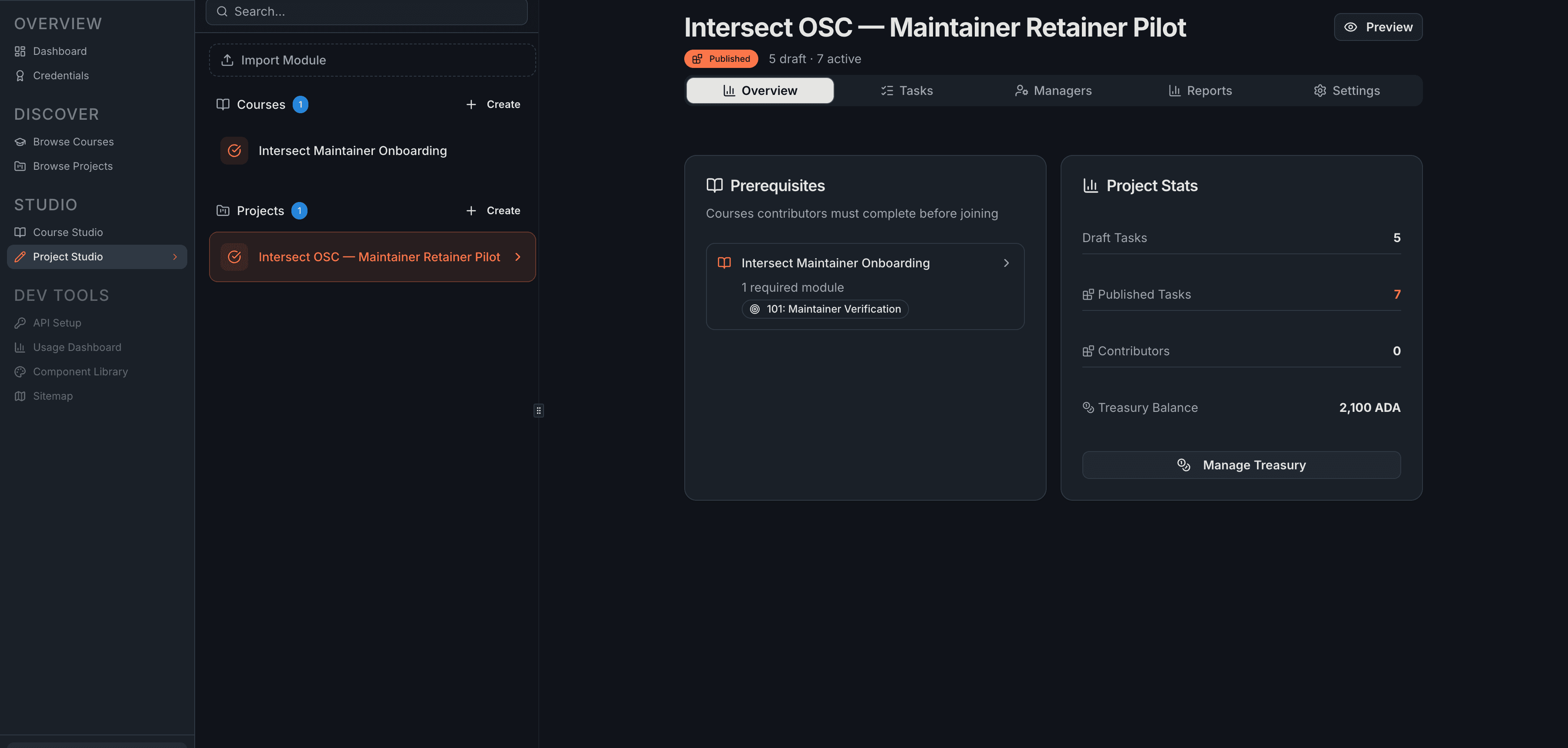 The Overview tab showing the Prerequisites card on the left, the Project Stats card on the right, and the Manage Treasury button below.