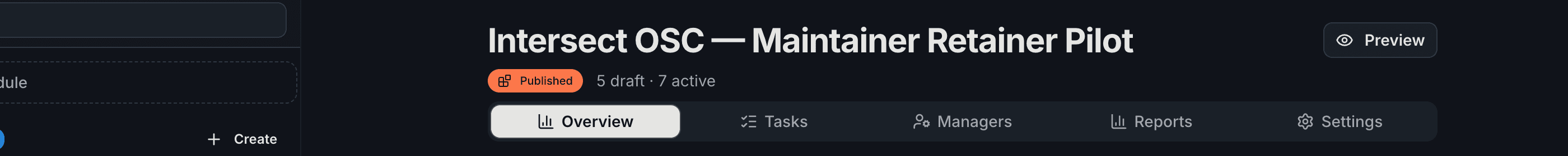 The tab bar showing five tabs: Overview, Tasks, Managers, Reports, and Settings. The project title and status badges appear above.