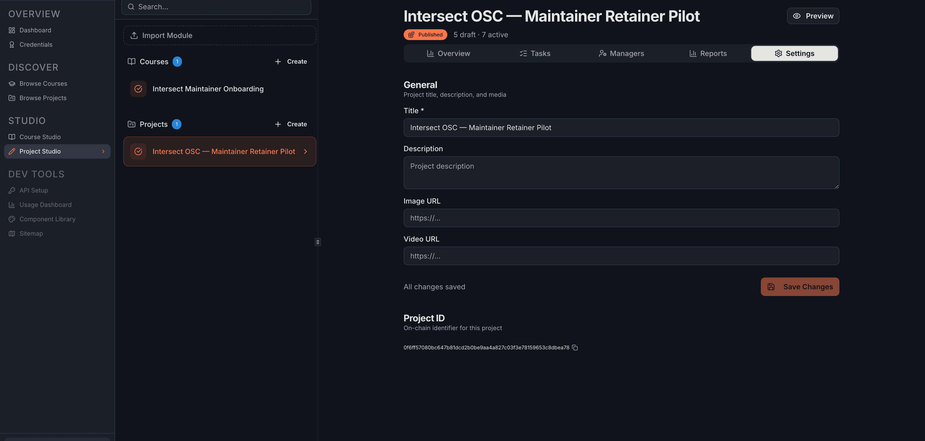 The Settings tab showing editable fields for Title, Description, Image URL, and Video URL, plus the read-only Project ID at the bottom.