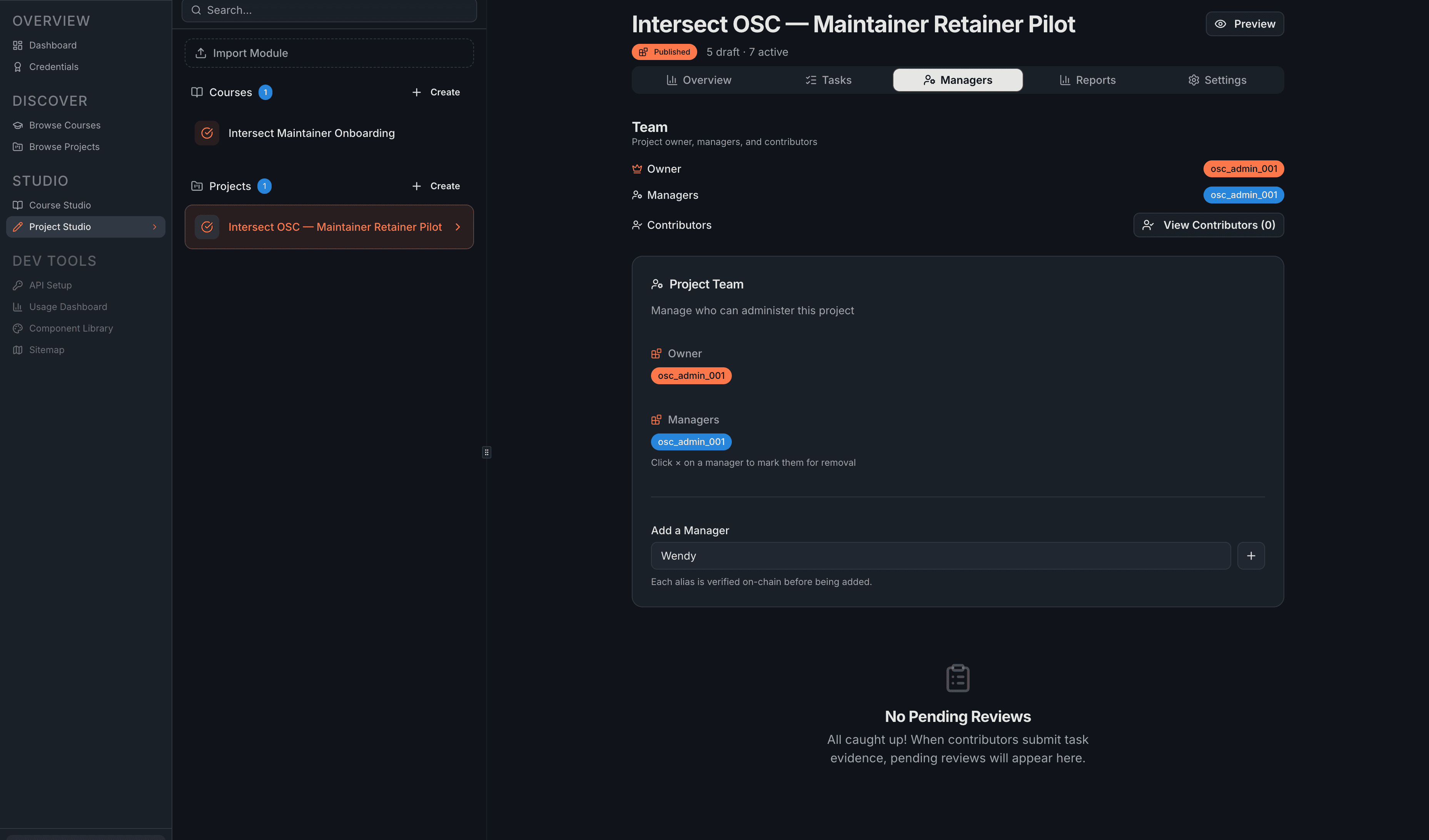 The Managers tab with "Wendy" typed into the Add a Manager input field. The alias is being entered and will be validated against the blockchain.