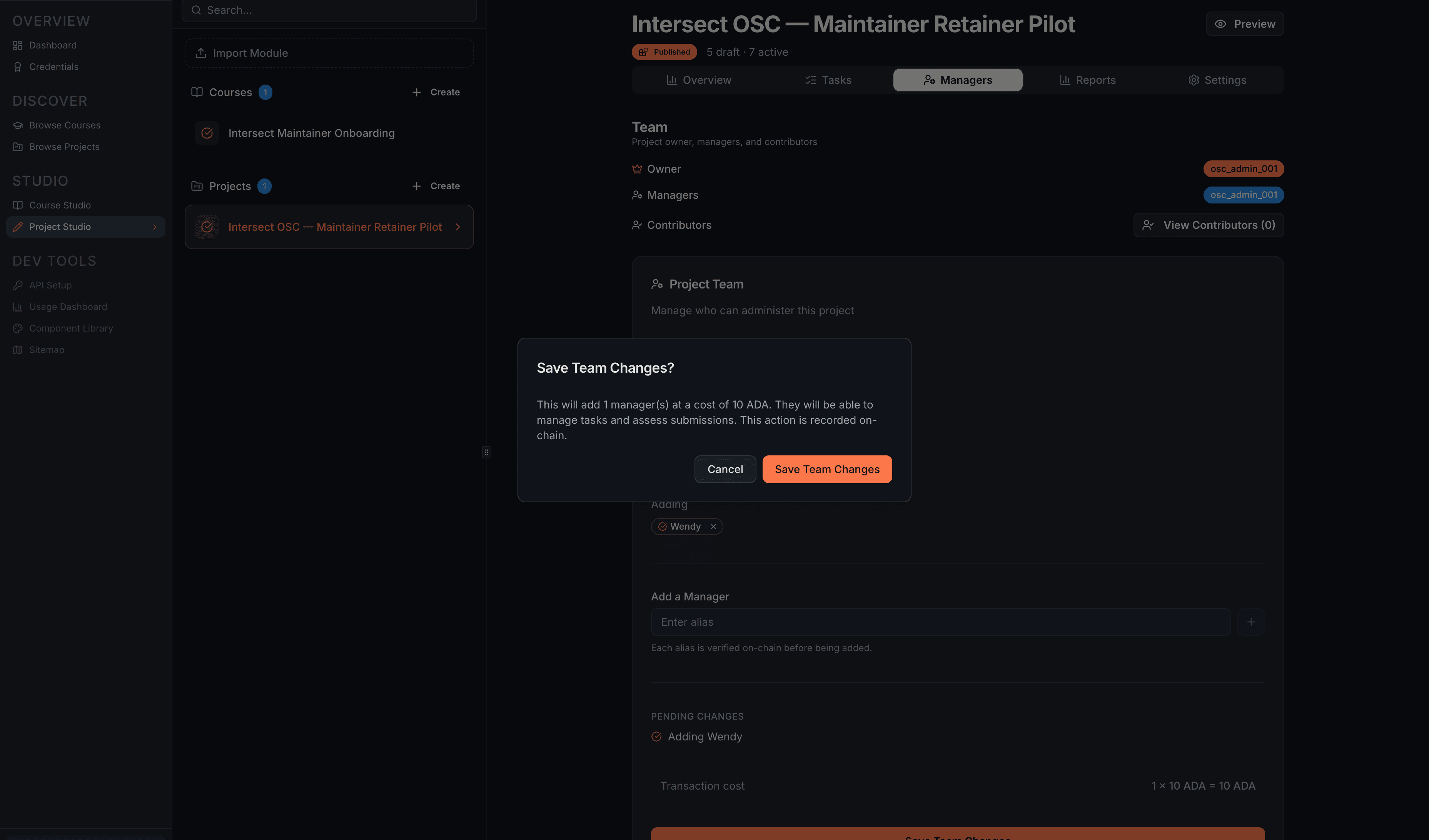 The confirmation state after the manager addition transaction has been submitted. The new manager now has access to all manager-level features.
