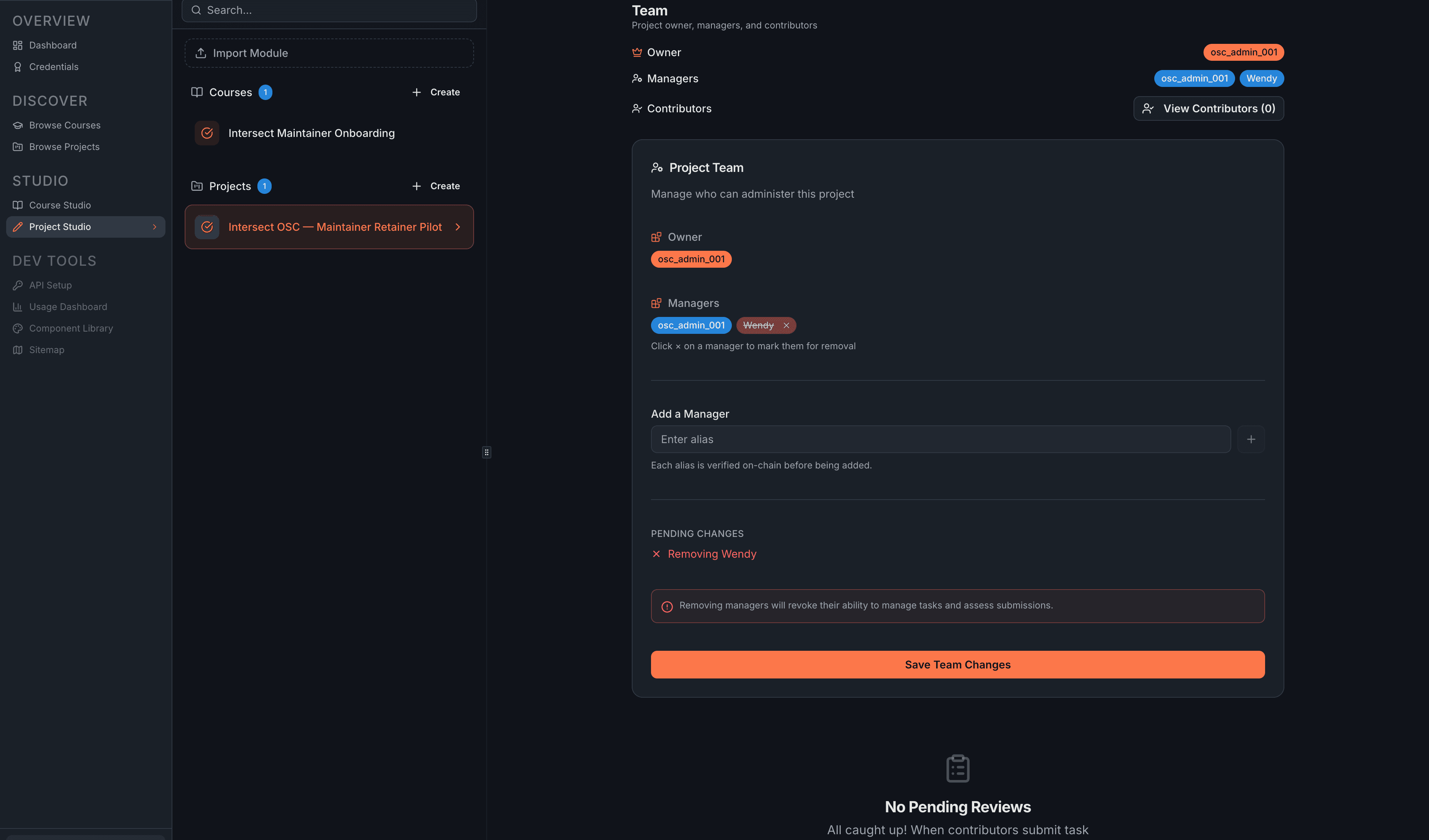 The Project Team section showing a manager badge with a x button for removal. Click the x to mark a manager for removal, then submit the transaction.