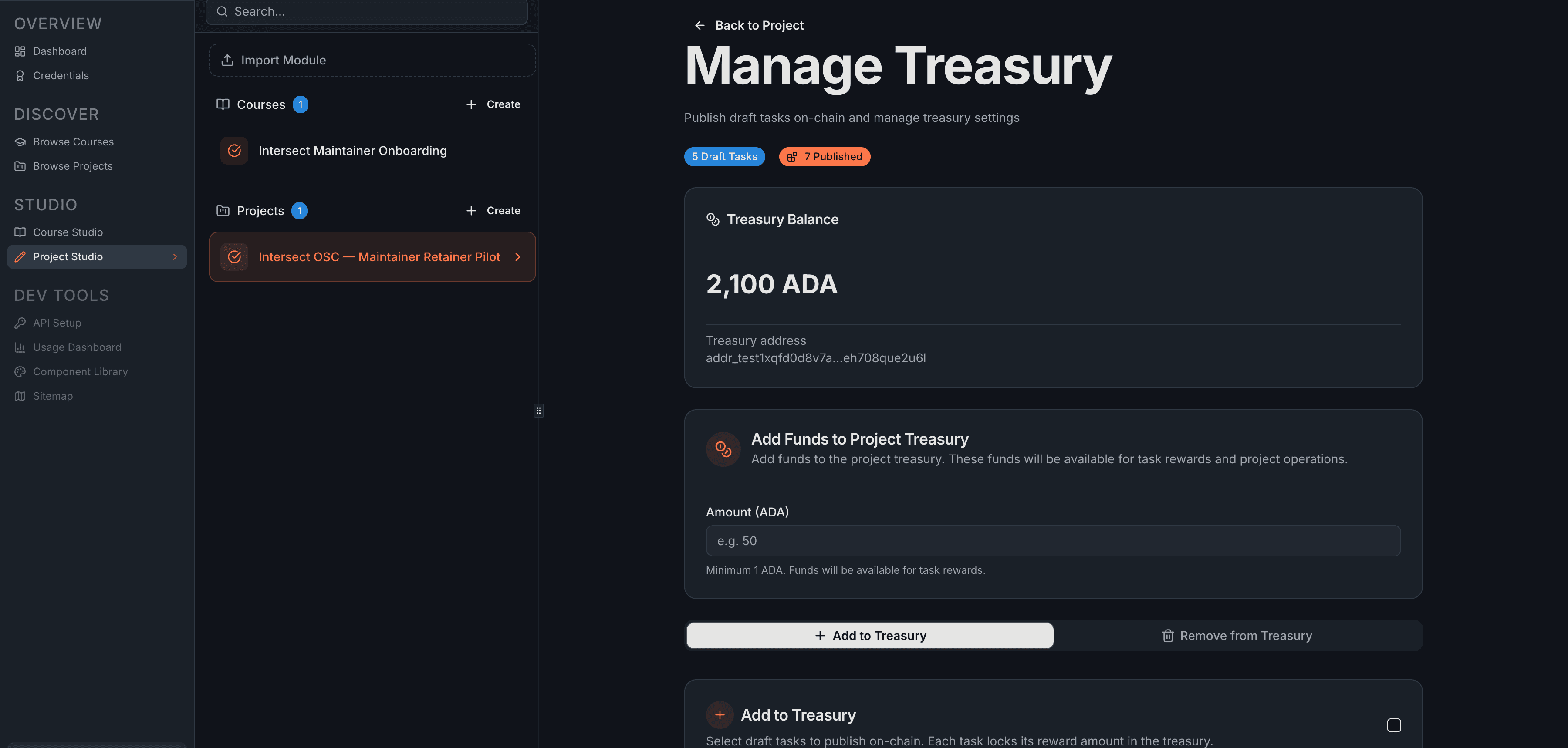 Full Treasury Management page showing the Treasury Balance display, the treasury address, the Add Funds input field, and the Add to Treasury tab with draft tasks listed below.