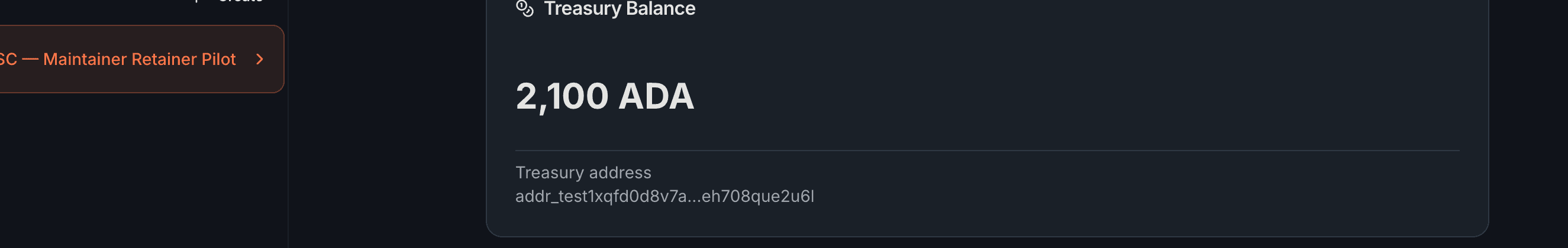 Treasury Balance showing the current ADA amount, the treasury address, and the Add Funds section with an ADA amount input field.