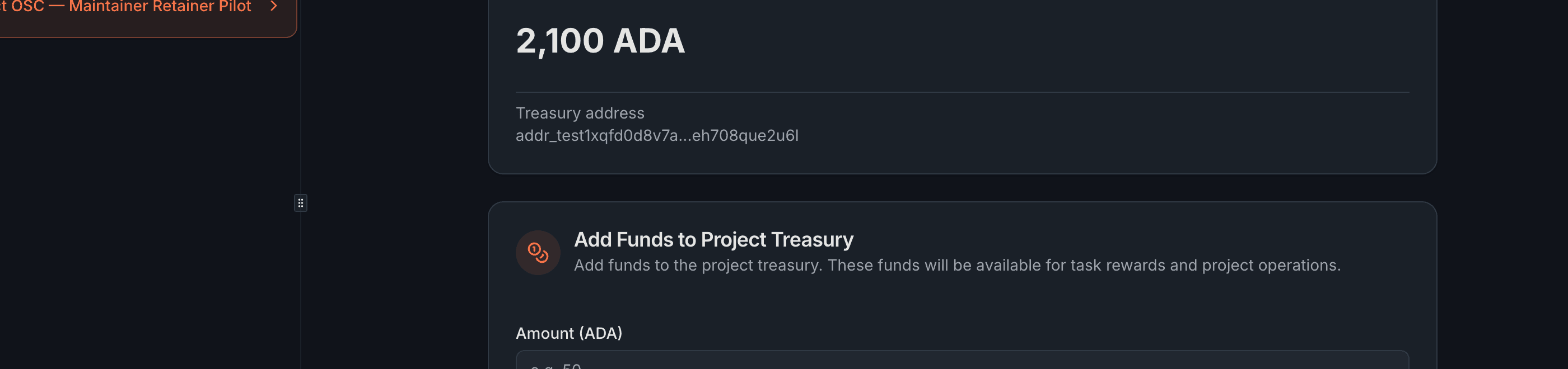 The Add Funds component showing the Amount (ADA) input field, a helper note explaining that funds will be available for task rewards, and the "Add to Treasury" submit button.