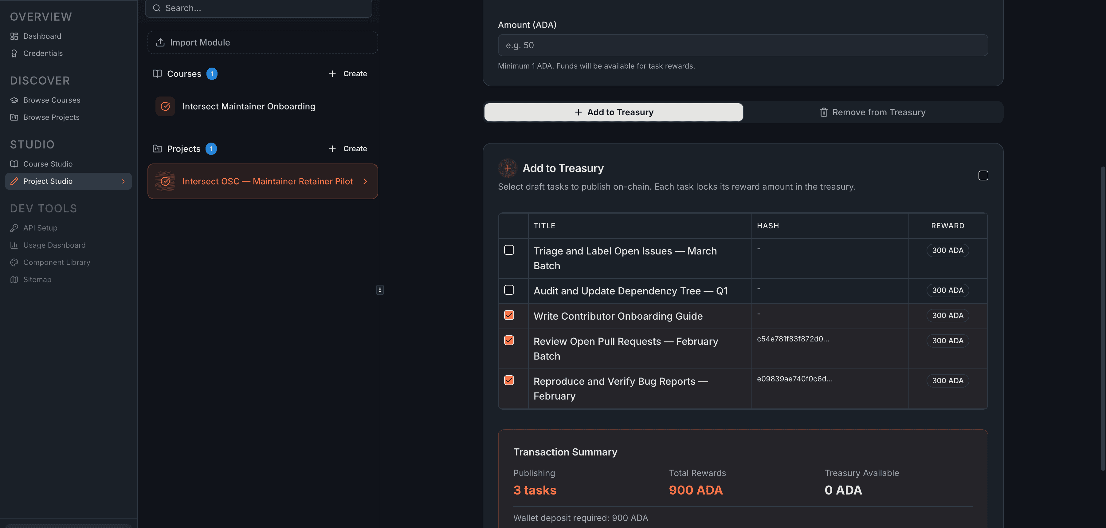 The Add to Treasury tab showing five draft tasks with checkboxes, task titles, on-chain hashes, and reward amounts. Three tasks are selected. Below, the Transaction Summary shows the publishing count, total rewards, treasury available, and wallet deposit required.