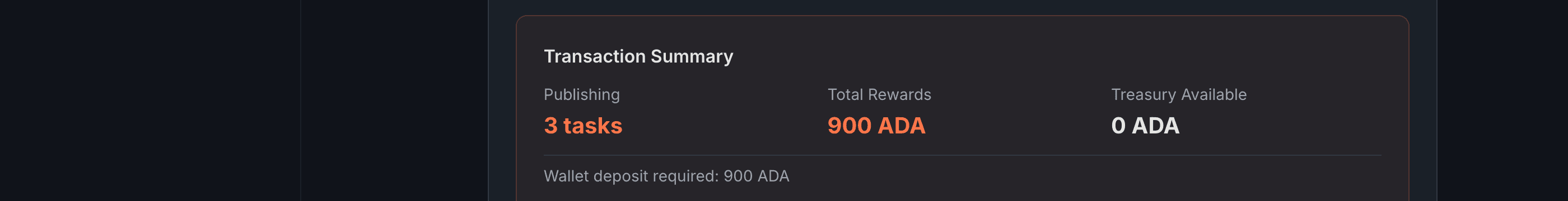 The Transaction Summary card showing Publishing count, Total Rewards, Treasury Available, and Wallet deposit required.