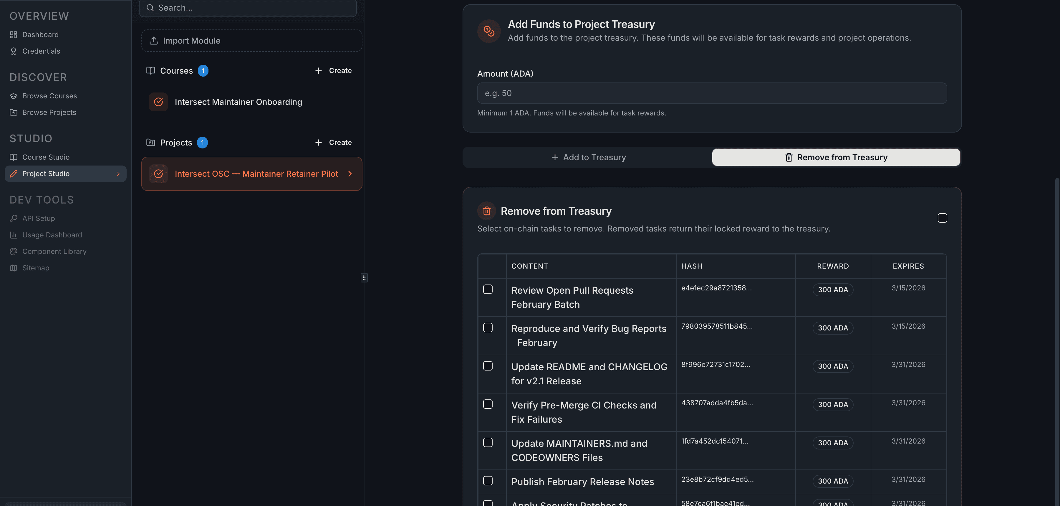 The Remove from Treasury tab showing on-chain tasks with checkboxes, columns for Content (task title), Hash, Reward, and Expires date.