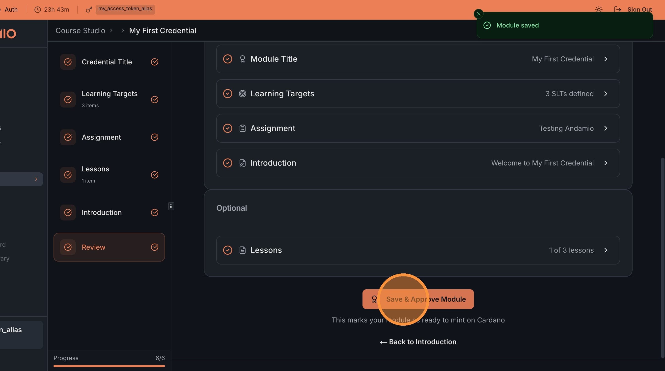 Click Save & Approve Module again