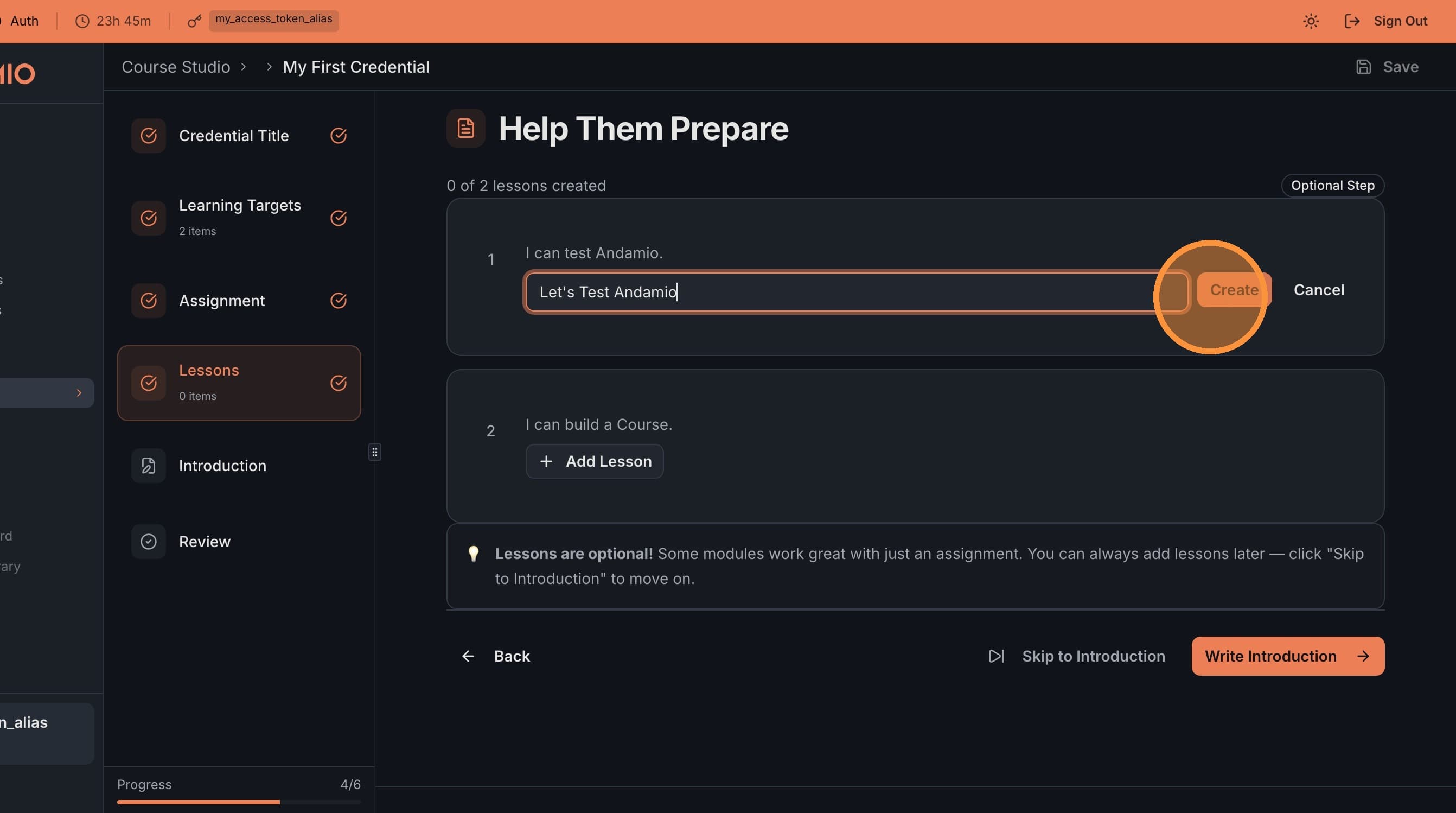 Click Create to start the lesson